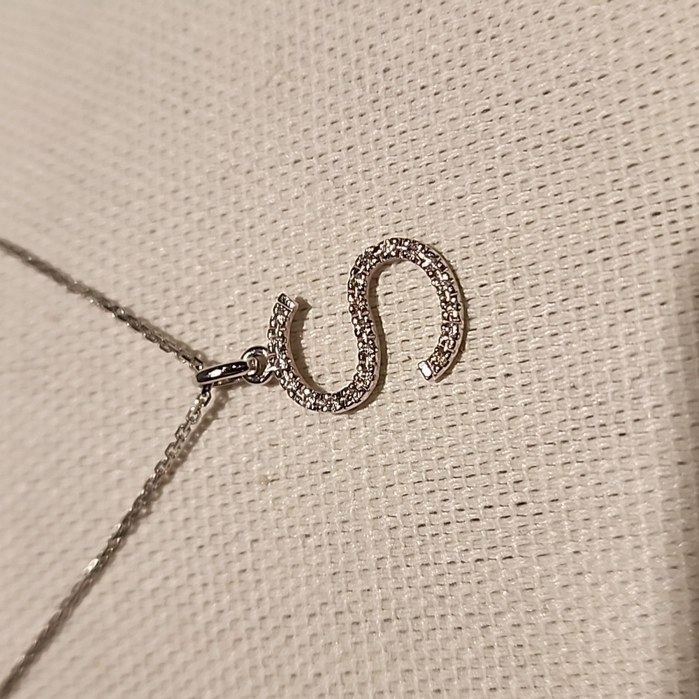 Diamond 14kt White Gold S Initial Pendant on 16 inch Diamond Cut Chain Italy
